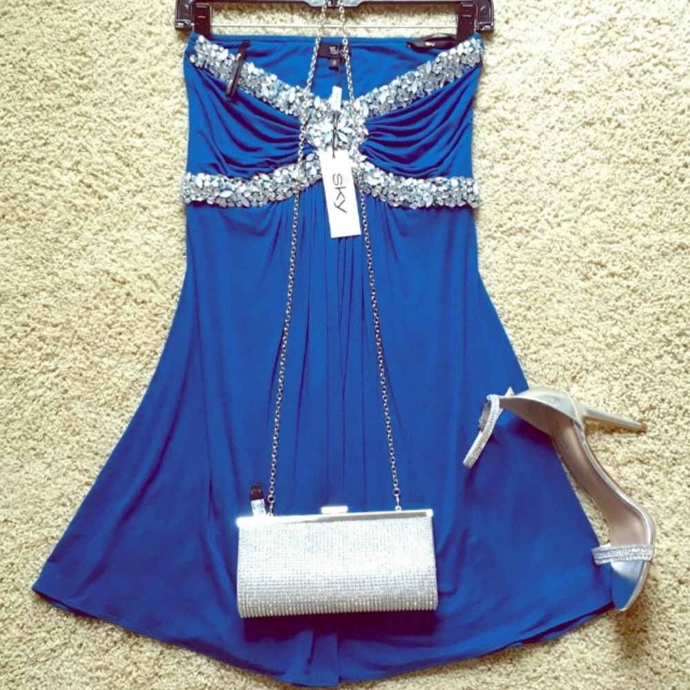SKY strapless dress with the rhinestones.